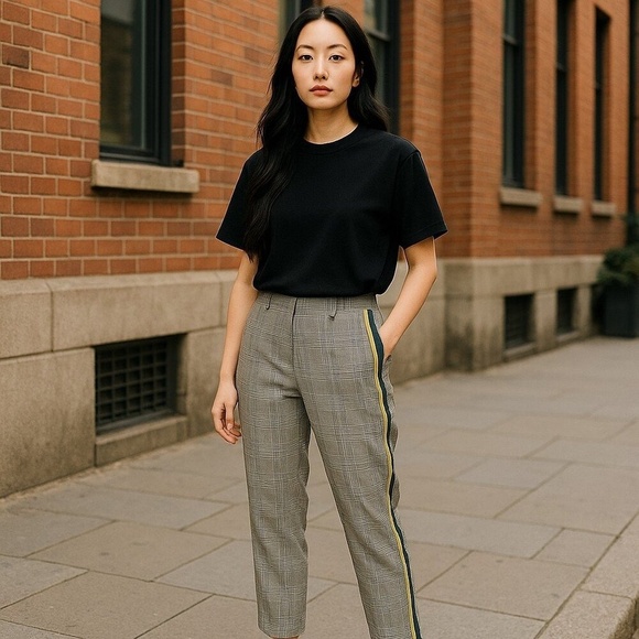 Zara Gray Plaid Slim-Fit Pants w/Yellow & Green Stripes & Cuffed Hem Size S - Picture 2 of 6